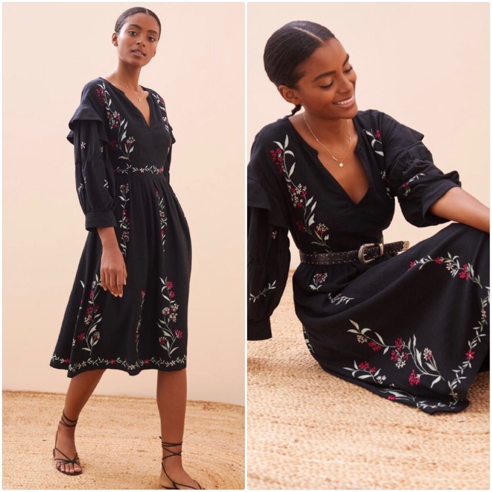 NWT ANTHROPOLOGIE EMBROIDERED MIDI DRESS IN BLACK